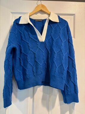 Anthropologie Royal Blue V-Neck Cable Knit Sweater with White Collar